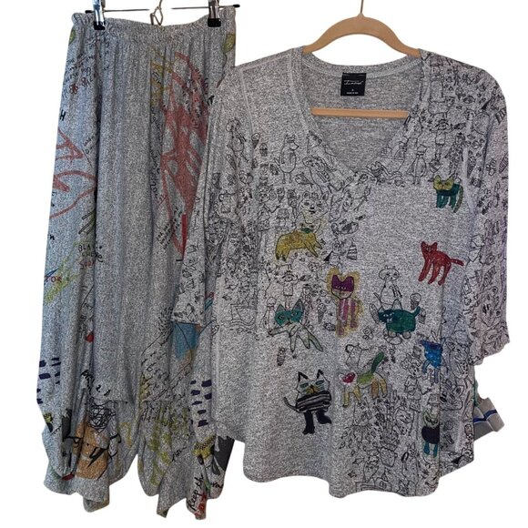 Inoah Womens Top Pant Set Size Small Gray Tunic Animal Print Harem USA - Picture 1 of 12